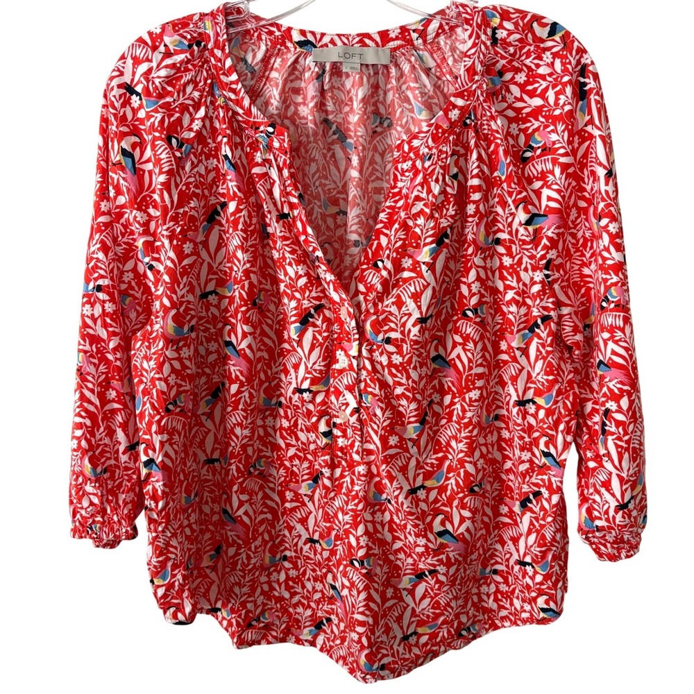 LOFT Women's Orange Tropical Bird Print Top in Size‎ L